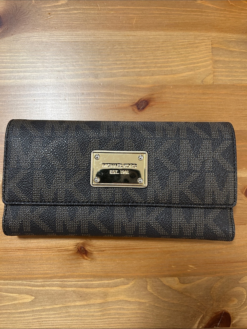 Michael Kors Dark Brown Signature Continental Wallet with Gold Plate